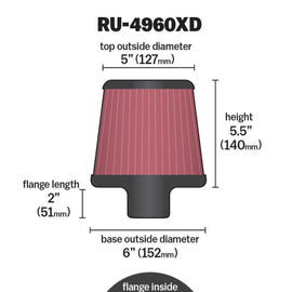 K&N Filter Universal Clamp-On Filter-Round Tapered 2.75in Flange ID x 6in Base OD x 5in Top OD