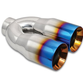 Vibrant 2.5in ID Dual 3.5in OD Round SS Tips (Double Wall, Straight Cut) with Burnt Blue Finish