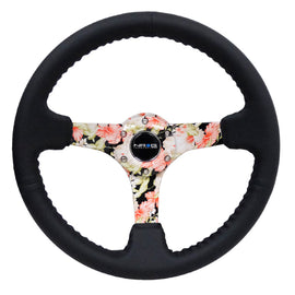 NRG Reinforced Steering Wheel (350mm / 3in. Deep) Blk Leather Floral Dipped w/ Blk Baseball Stitch