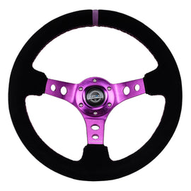 NRG Reinforced Steering Wheel (350mm / 3in. Deep) Black Suede w/Purple Center & Purple Stitching