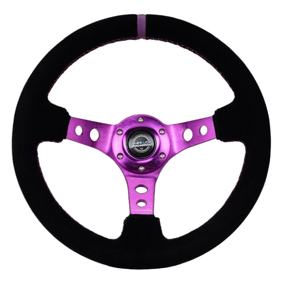 NRG Reinforced Steering Wheel (350mm / 3in. Deep) Black Suede w/Purple Center & Purple Stitching