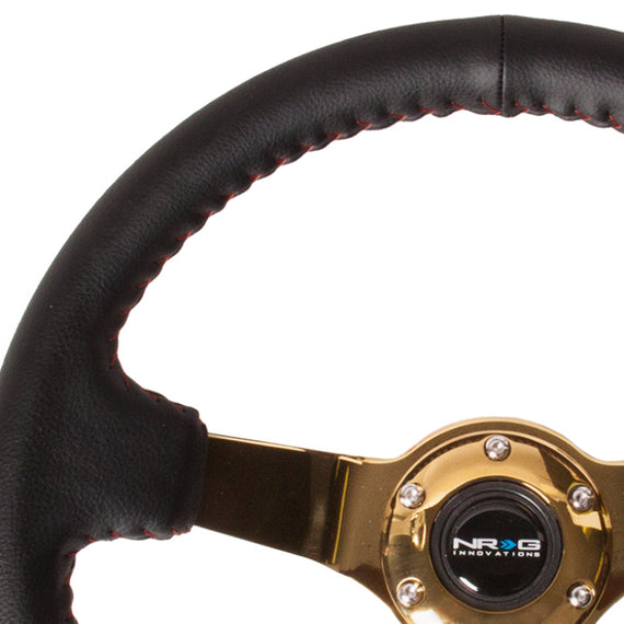 NRG Reinforced Steering Wheel (350mm / 3in. Deep) Blk Leather/Red BBall Stitch w/4mm Gold Spokes