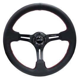 NRG Reinforced Steering Wheel (350mm / 3in. Deep) Black Leather/Red Stitch & Blk 3-Spoke w/Slits