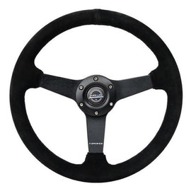 NRG Sport Steering Wheel (350mm / 1.5in Deep) Black Suede/Black Stitch w/Matte Black Solid Spokes