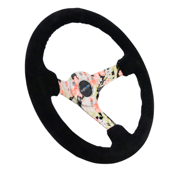 NRG Reinforced Steering Wheel (350mm / 3in. Deep) Blk Suede Floral Dipped w/ Blk Baseball Stitch