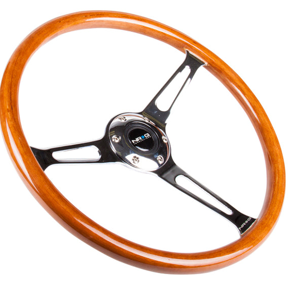 NRG Reinforced Steering Wheel (360mm) Classic Wood Grain w/Chrome Cutout 3-Spoke Center