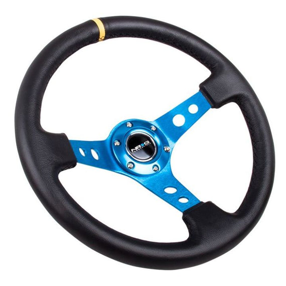 NRG Reinforced Steering Wheel (350mm / 3in. Deep) Blk Leather w/Blue Cutout Spoke & Single Yellow CM