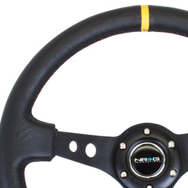 NRG Reinforced Steering Wheel (350mm / 3in. Deep) Blk Leather w/Blk Cutout Spoke/Yellow Center Mark