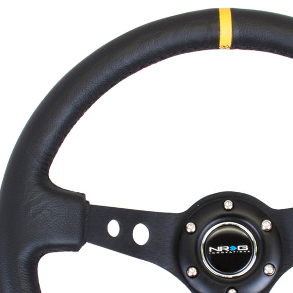 NRG Reinforced Steering Wheel (350mm / 3in. Deep) Blk Leather w/Blk Cutout Spoke/Yellow Center Mark