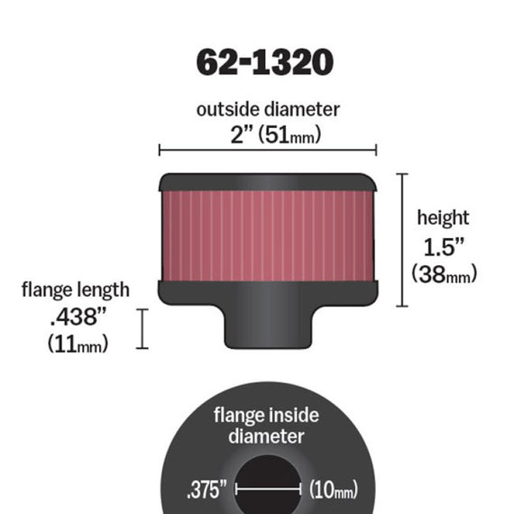 K&N Clamp On Rubber Base Crankcase Vent Filter 0.375in Flange ID x 2in OD x 1.5in Height