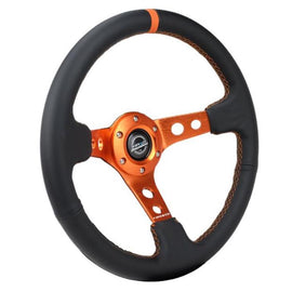 NRG Reinforce Steering Wheel (350mm / 3in. Deep) Blk Leather, Orange Center Mark w/ Orange Stitching