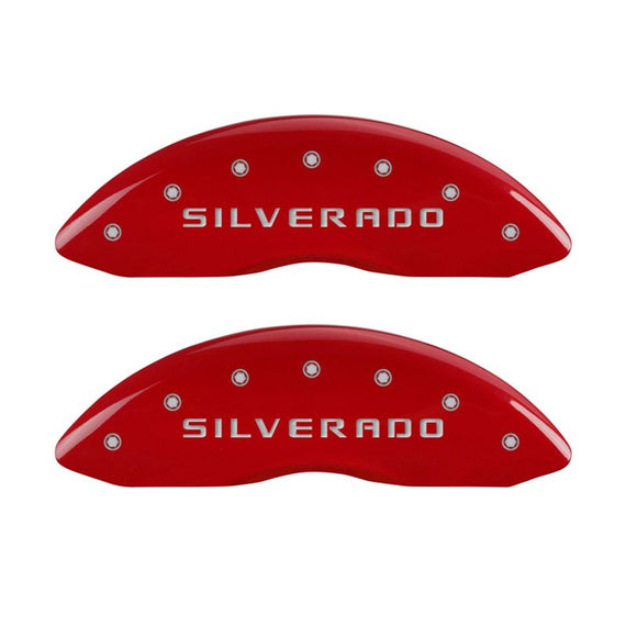 MGP 4 Caliper Covers Engraved Front & Rear Silverado Red finish silver ch