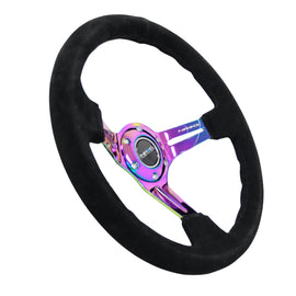 NRG Reinforced Steering Wheel (350mm / 3in. Deep) Blk Suede/Blk Stitch w/Neochrome Slits