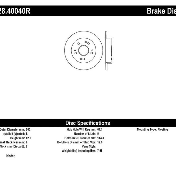 StopTech 06-07 Acura CSX (Canada) / 06-09 Honda Civic / 97-01 Prelude Drilled Right Rear Rotor