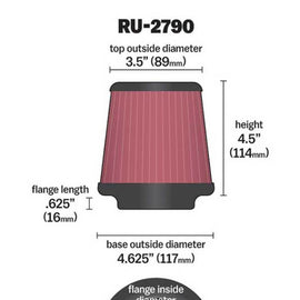 K&N Filter Universal Rubber Filter 3 1/2 inch Flange 4 5/8 inch Base 3 1/2 inch Top 4 1/2 inch Heigh