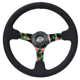 NRG Reinforced Steering Wheel (350mm / 3in. Deep) Black Suede w/ 5mm Floral 3-Spoke Center