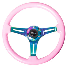 NRG Classic Wood Grain Steering Wheel (350mm) Solid Pink Painted Grip w/Neochrome 3-Spoke Center