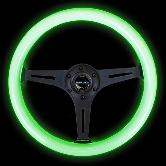 NRG Classic Wood Grain Steering Wheel (350mm) Glow-N-The-Dark Green Grip w/Black 3-Spoke Center