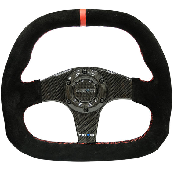 NRG Carbon Fiber Steering Wheel (320mm) Flat Btm. Blk Suede/Red Stitch w/CF Spokes & Red Center Mark