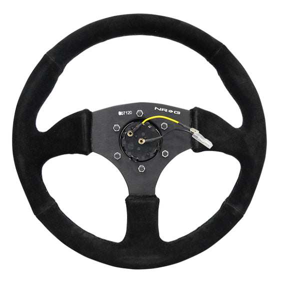 NRG Reinforced Steering Wheel (350mm / 2.5in. Deep) Blk Suede Comfort Grip w/5mm Matte Blk Spokes