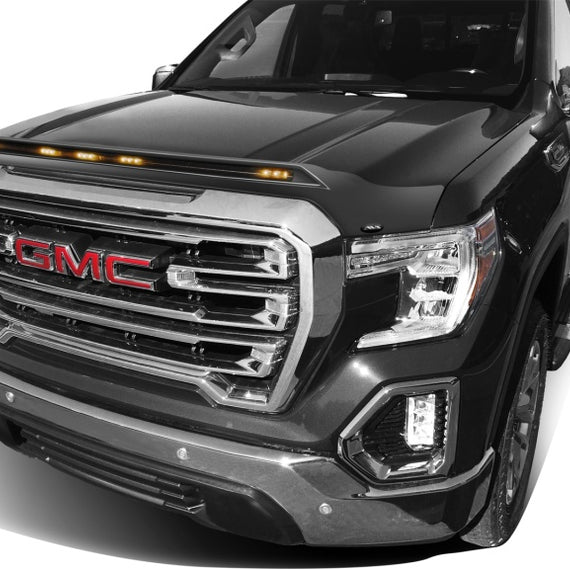AVS 19-22 GMC Sierra 1500 Aeroskin Low Profile Hood Shield w/ Lights - Onyx Black