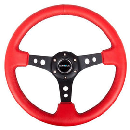 NRG Reinforced Steering Wheel (350mm / 3in. Deep) Red Leather/Blk Stitch w/Blk Spokes (Hole Cutouts)