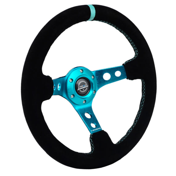 NRG Reinforced Steering Wheel (350mm/ 3in. Deep) Black Suede/ Teal Center Mark/ Teal Stitching