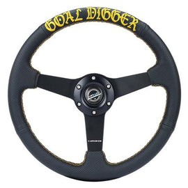 NRG Sport Steering Wheel (350mm / 1.5in Deep) Black Leather/Gold Stitch w/Matte Black Solid Spokes